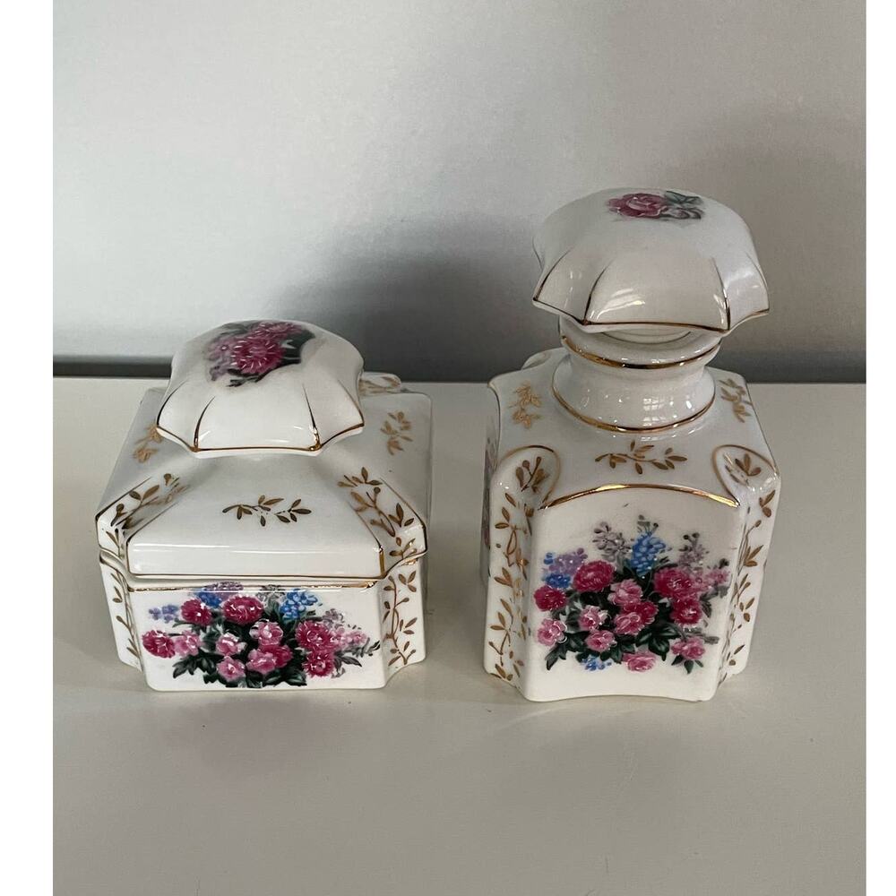 Antique Hand Painted Rose Porcelain Vanity Set Wales Japan Cologne & Powder Box